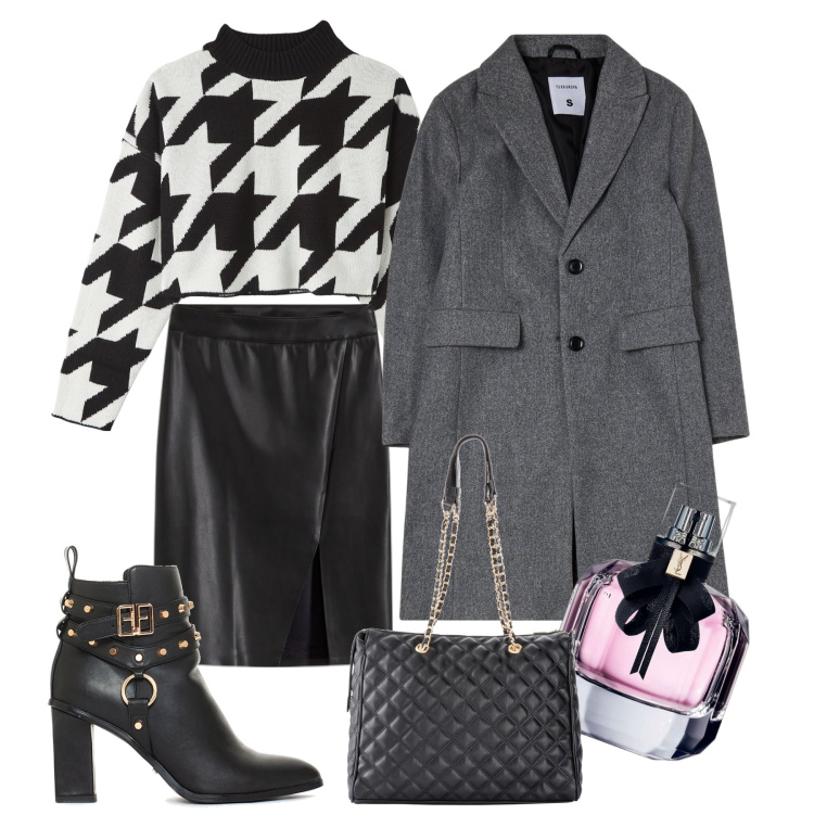 Outfit donna - Aperitivo con le amiche. Stile Casual chic per Tutti i giorni. Abbinamento con shopping bag, gonne longuette, profumi, cappotti, maglieria, stivaletti.