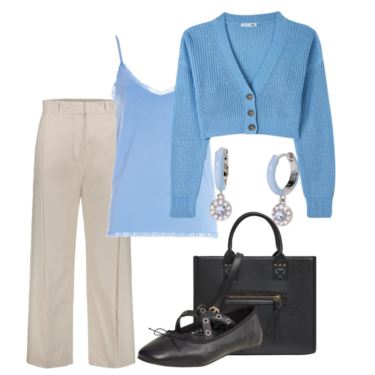 Outfit donna - Ballerine mania. Stile Casual chic per Tutti i giorni. Abbinamento con shopping bag, cardigans, ballerine, orecchini, canottiere, pantaloni.