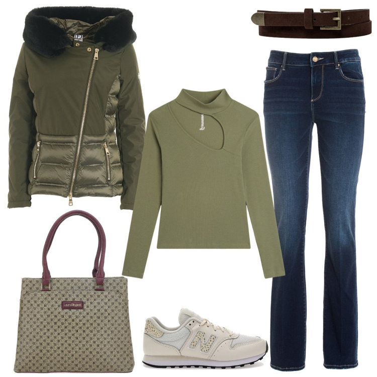 Outfit donna - Color verde oliva. Stile Casual chic per Tutti i giorni. Abbinamento con blazer, jeans bootcut, maglieria, sneakers, borse a mano, cinture.
