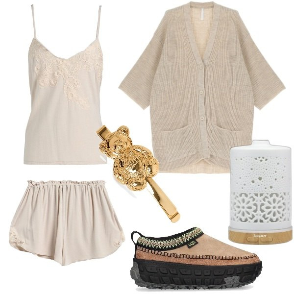 Outfit donna - Relax. Stile Basic per Tutti i giorni. Abbinamento con pigiama, profumi, cardigans, pantofole, accessori per capelli.