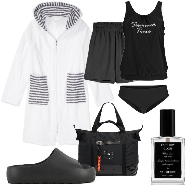 Outfit donna - Piscina. Stile Sporty chic per Sport. Abbinamento con accappatoi, costumi interi, gloss, pantaloni corti, ciabatte, shopping bag.