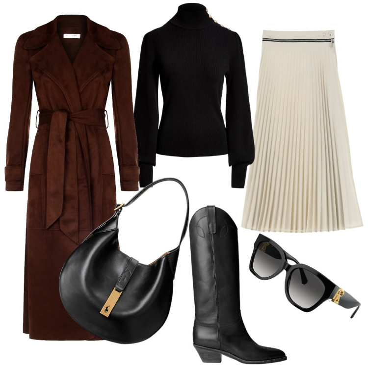 Outfit donna - Trench cioccolato. Stile Trendy per Tutti i giorni. Abbinamento con trench, gonne, maglieria, stivali, occhiali da sole, borse a spalla.