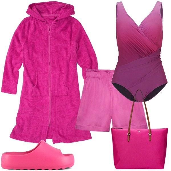 Outfit donna - Piscina. Stile Sporty chic per Sport. Abbinamento con accappatoi, costumi interi, borse tote, ciabatte, pantaloni corti.