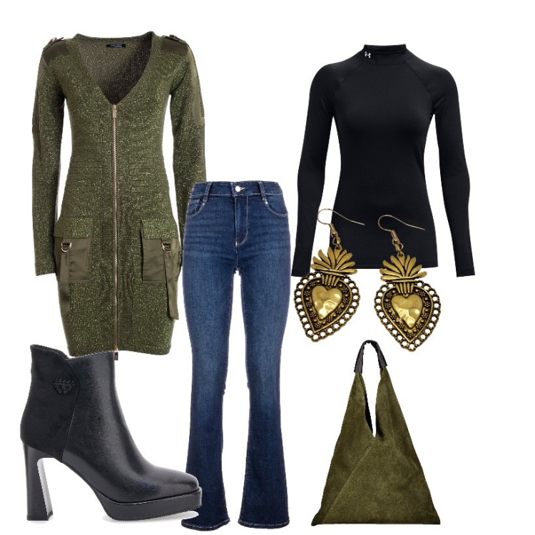 Outfit donna - Verde oliva. Stile Casual per Ufficio. Abbinamento con cardigans, jeans bootcut, pullovers, stivaletti, orecchini, borse a spalla.