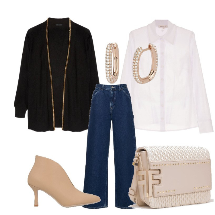 Outfit donna - Comfort. Stile Casual per Ufficio. Abbinamento con stivaletti, camicie, orecchini, borse a tracolla, cardigans, pantaloni.