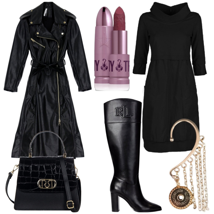 Outfit donna - Trench pratico e alla moda. Stile Trendy per Serata fuori. Abbinamento con rossetti, borse a mano, trench, stivali, vestiti, orecchini.