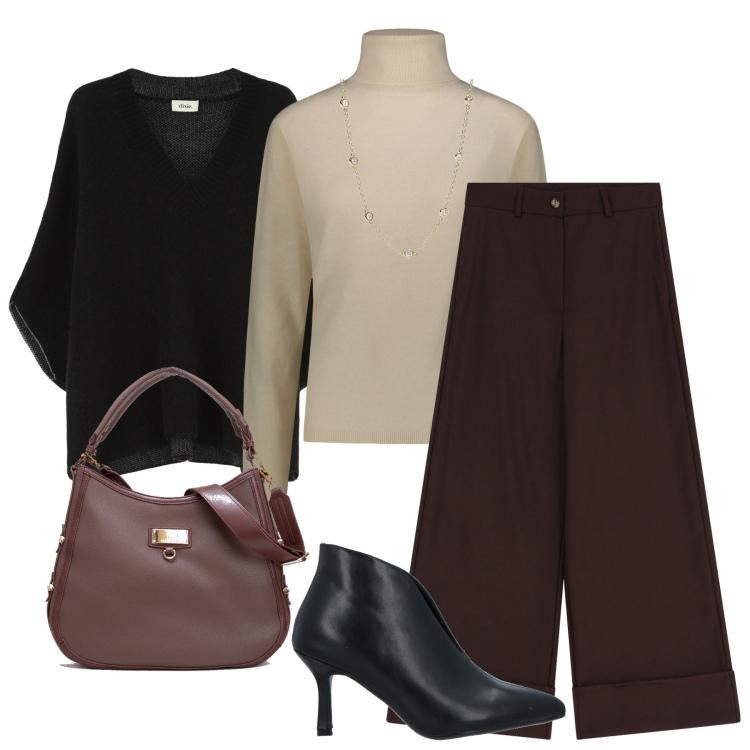 Outfit donna - Pantalone a palazzo marrone. Stile Casual per Tutti i giorni. Abbinamento con stivaletti, collane, borse a tracolla, pantaloni, cappotti, pullovers.
