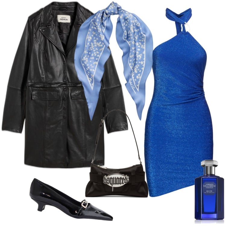 Outfit donna - L abito da sera blu. Stile Glamour per Serata fuori. Abbinamento con blazer, profumi, foulard, ballerine, vestiti, pochette.