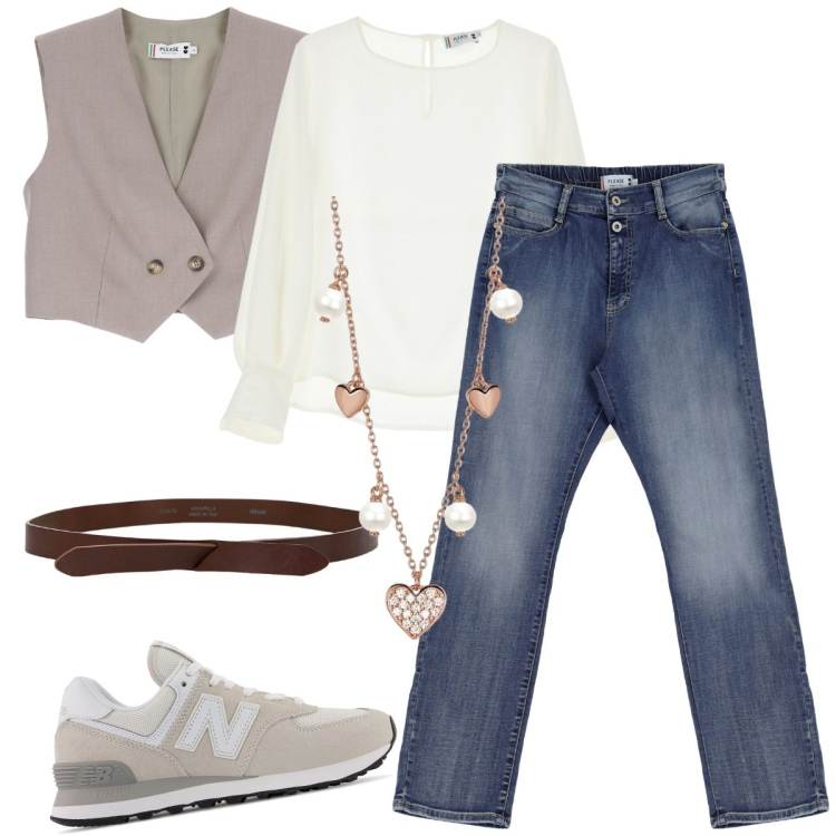 Outfit donna - FW24 Please. Stile Casual chic per Tutti i giorni. Abbinamento con collane, sneakers, jeans dritti, camicie, gilet, cinture.