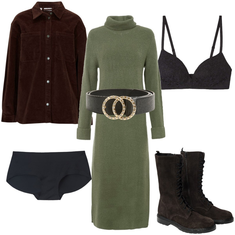 Outfit donna - L’abito verde a dolcevita. Stile Casual chic per Tutti i giorni. Abbinamento con vestiti, cappotti, culotte, reggiseni, cinture, stivaletti.
