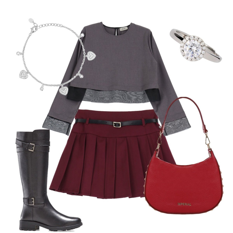 Outfit donna - La minigonna a pieghe. Stile Preppy per Serata fuori. Abbinamento con stivali, braccialetti, anelli, minigonne, borse a spalla, bluse.