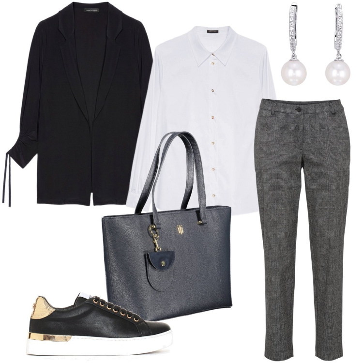 Outfit donna - Dettagli dorati. Stile Bon Ton per Ufficio. Abbinamento con pantaloni, orecchini, sneakers, blazer, camicie, borse a spalla.