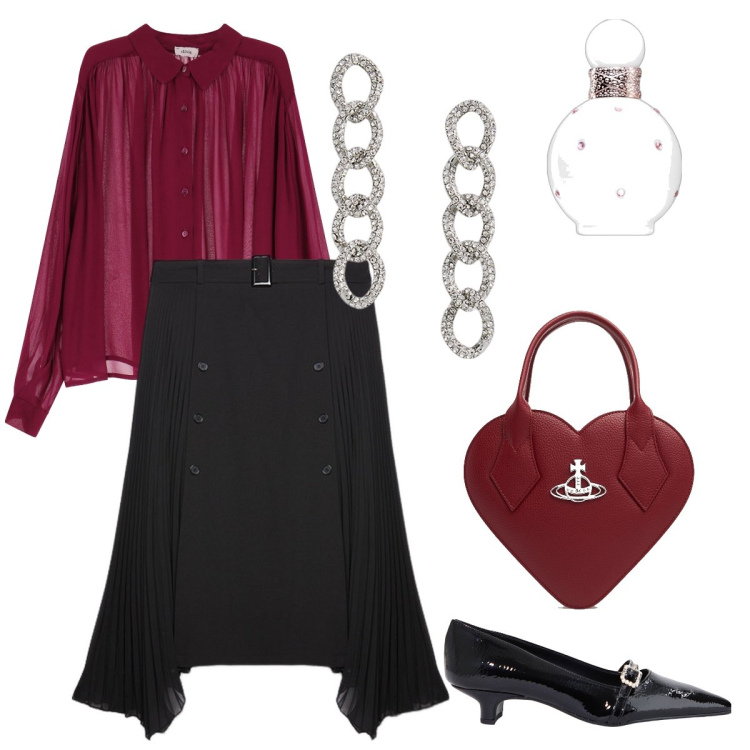 Outfit donna - La borsa a cuore. Stile Chic per Serata fuori. Abbinamento con profumi, ballerine, camicie, orecchini, gonne longuette, borse a mano.