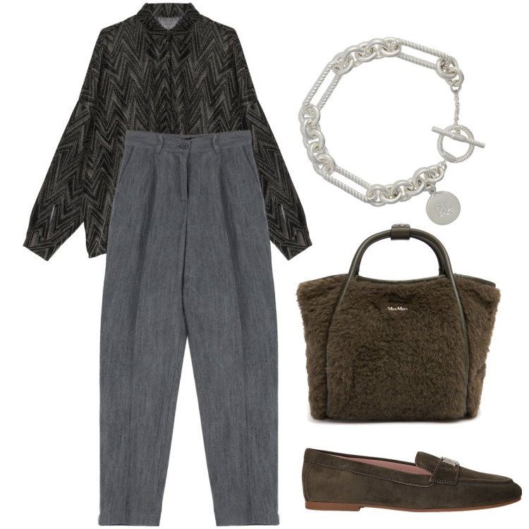Outfit donna - La borsa impellicciata. Stile Bon Ton per Ufficio. Abbinamento con pantaloni, bluse, braccialetti, mocassini, borse a mano.