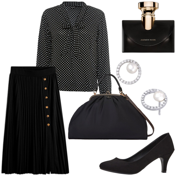 Outfit donna - Total look #1975504. Stile Bon Ton per Ufficio. Abbinamento con décolleté, bluse, gonne, profumi, orecchini, borse a tracolla.