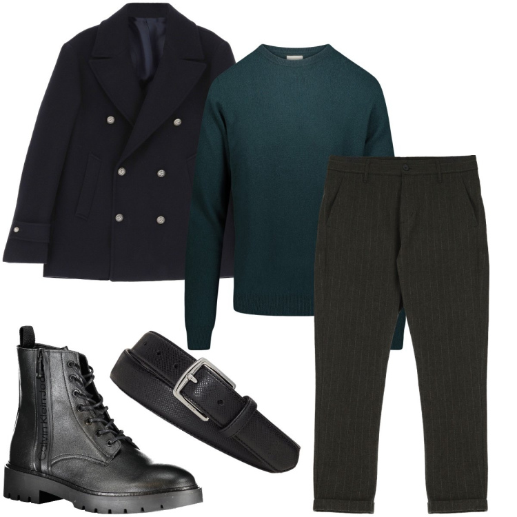 Outfit uomo - La maglia blu petrolio. Stile Business/Elegante per Serata speciale. Abbinamento con pantaloni, giacche, cinture, maglieria, stivali.