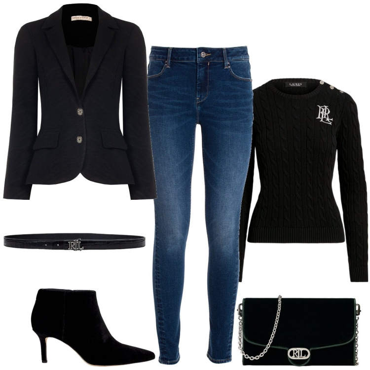 Outfit donna - Bantoa mid season sale. Stile Casual chic per Serata fuori. Abbinamento con blazer, jeans, maglieria, cinture, borse a tracolla, stivaletti.
