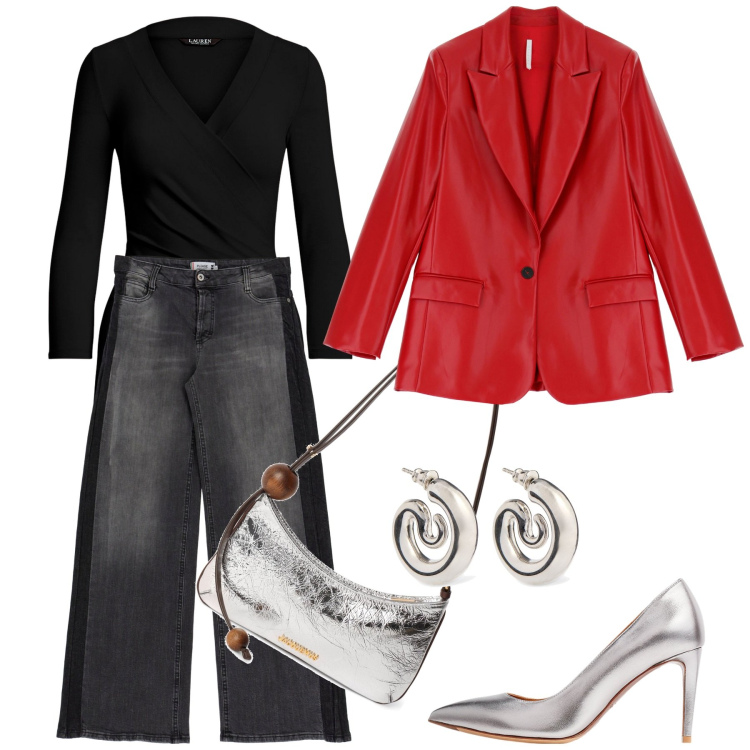 Outfit donna - Seratissima. Stile Casual chic per Serata fuori. Abbinamento con jeans, blazer, top, décolleté, borse a spalla, orecchini.