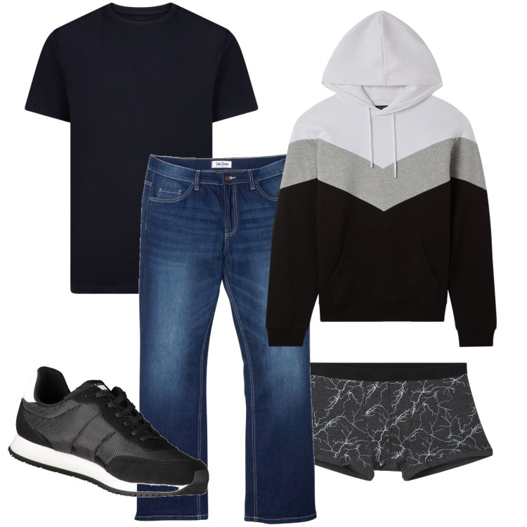 Outfit uomo - La felpa col cappuccio. Stile Urban per Tutti i giorni. Abbinamento con jeans bootcut, boxer, felpe con cappuccio, t-shirt, sneakers.