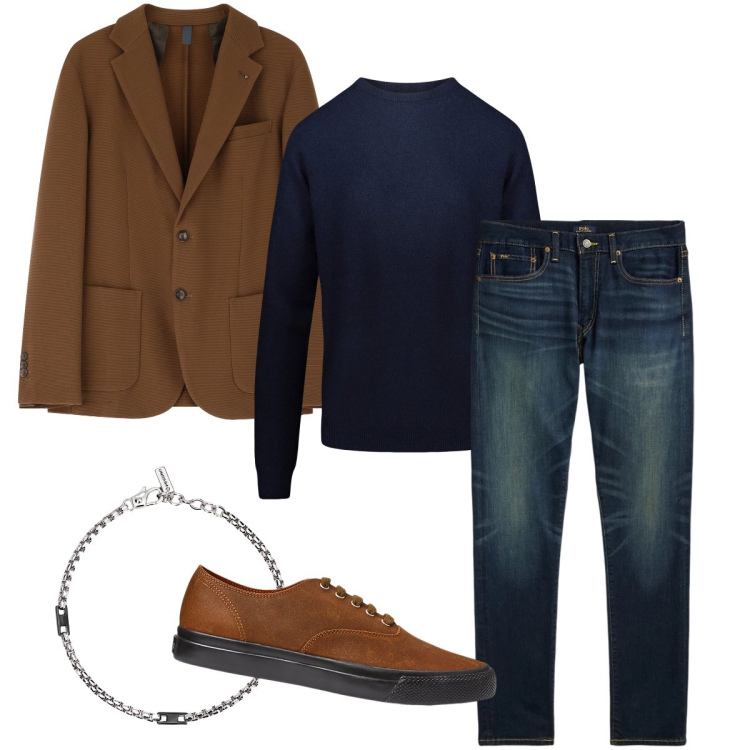 Outfit uomo - Cerimonia con il jeans. Stile Business/Elegante per Cerimonia. Abbinamento con braccialetti, giacche, sneakers, jeans, maglieria.