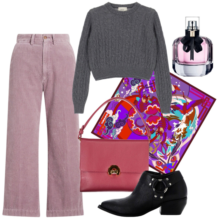 Outfit donna - Rosa autunno. Stile Bon Ton per Tutti i giorni. Abbinamento con profumi, maglieria, stivaletti, pantaloni, borse a spalla, foulard.