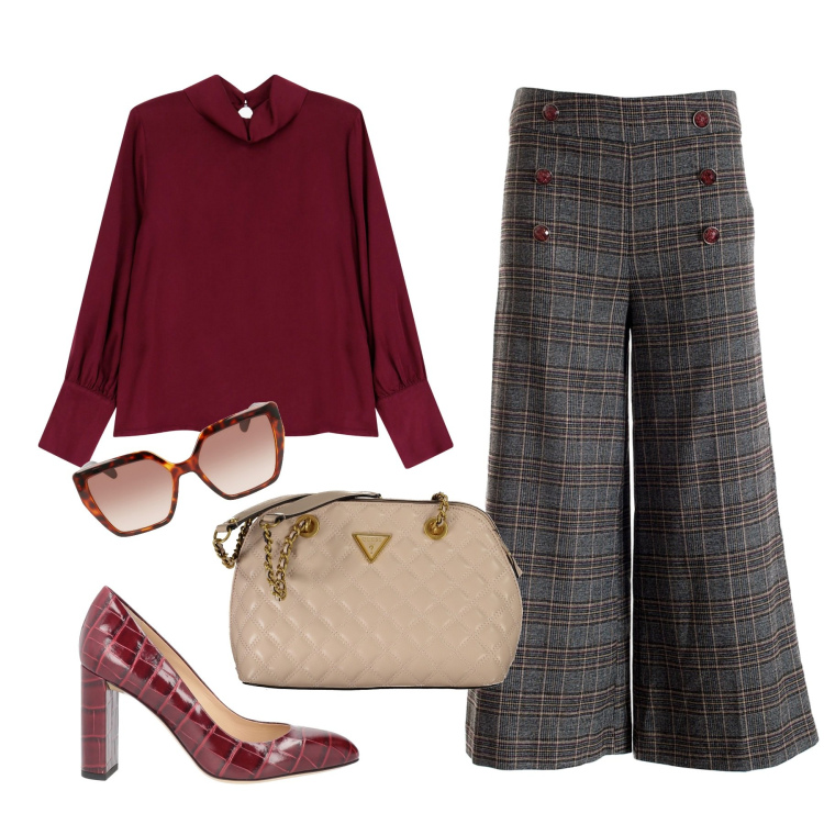 Outfit donna - La blusa bordeaux. Stile Glamour per Ufficio. Abbinamento con décolleté, pantaloni culotte, camicie, occhiali da sole, borse a spalla.