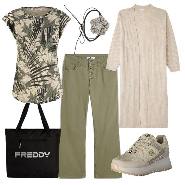Outfit donna - Sneakers comode. Stile Urban per Tutti i giorni. Abbinamento con maglieria, jeans dritti, cardigans, collane, shopping bag, sneakers.