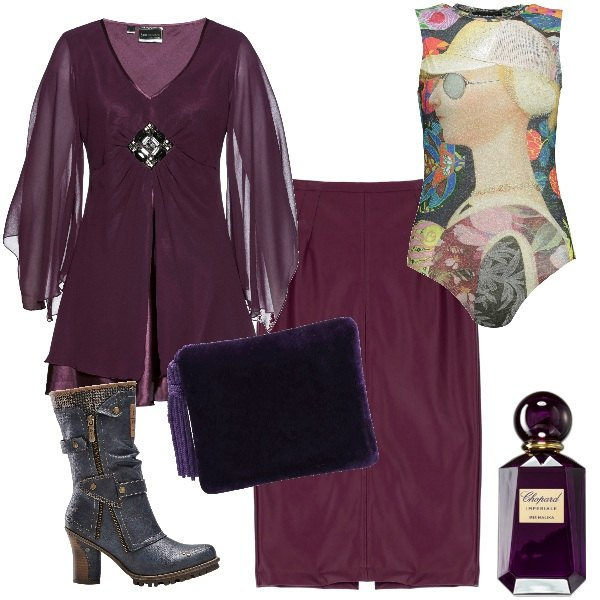 Outfit donna - Gothica. Stile Glamour per Serata fuori. Abbinamento con tuniche, stivali, profumi, gonne, body, pochette.