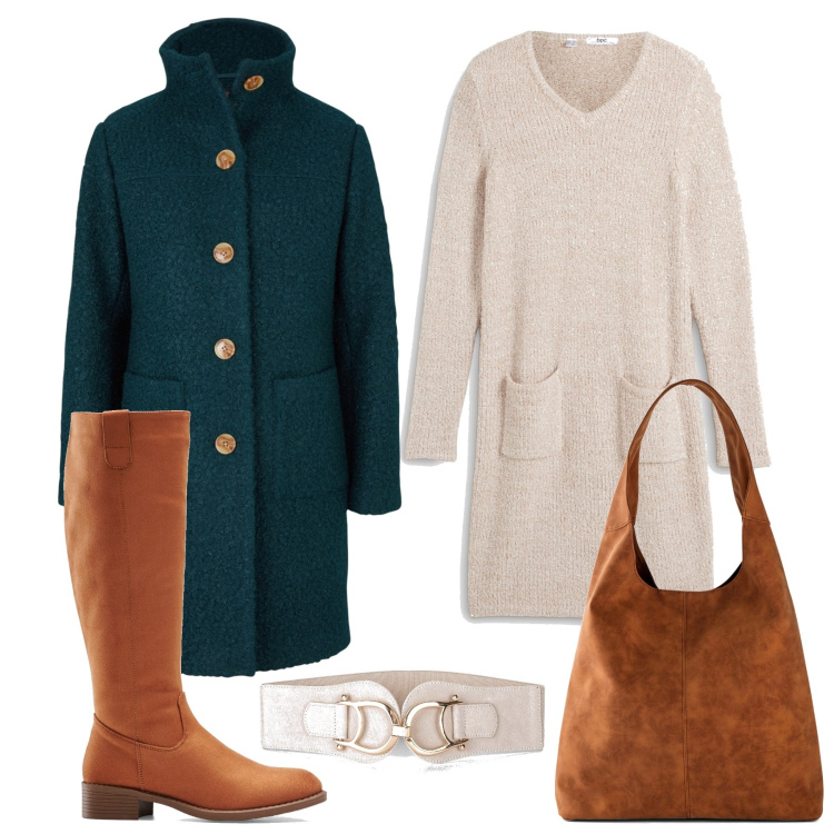 Outfit donna - Benvenuto autunno. Stile Casual chic per Tutti i giorni. Abbinamento con cappotti, stivali, vestiti, shopping bag, cinture.