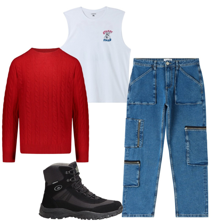 Outfit uomo - Cargo denim. Stile Urban per Tutti i giorni. Abbinamento con stivali e stivaletti, jeans, canottiere, maglieria.