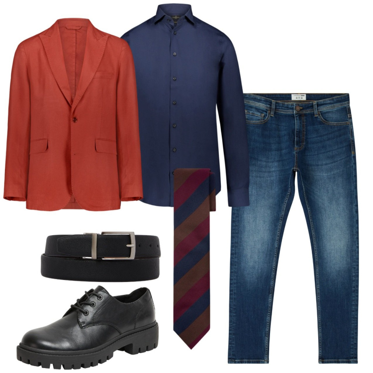 Outfit uomo - La cravatta a righe grosse. Stile Trendy per Tutti i giorni. Abbinamento con scarpe stringate, jeans skinny, camicie, cinture, giacche, cravatte.