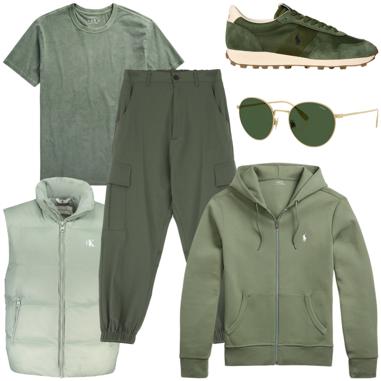 Outfit uomo - Sfumature di verde. Stile Urban per Tutti i giorni. Abbinamento con pantaloni cargo, felpe, t-shirt, sneakers, occhiali da sole, giacche.