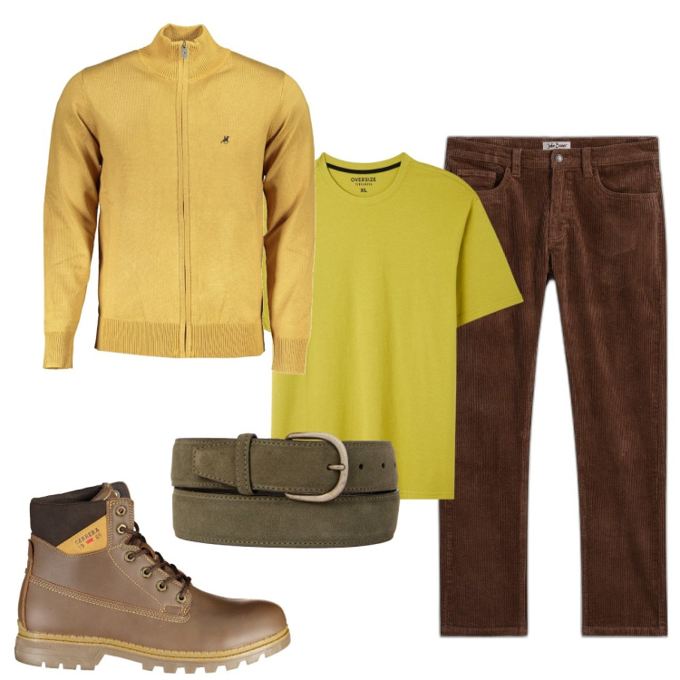 Outfit uomo - Banana. Stile Casual per Tutti i giorni. Abbinamento con pantaloni, t-shirt, cinture, stivali, cardigans.