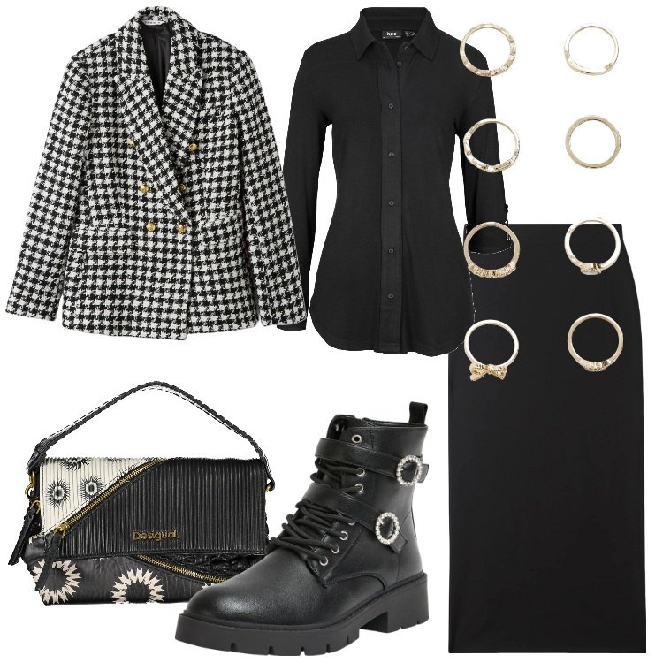 Outfit donna - Trendy anche in ufficio. Stile Trendy per Ufficio. Abbinamento con camicie, gonne lunghe, blazer, anfibi, anelli, borse a spalla.