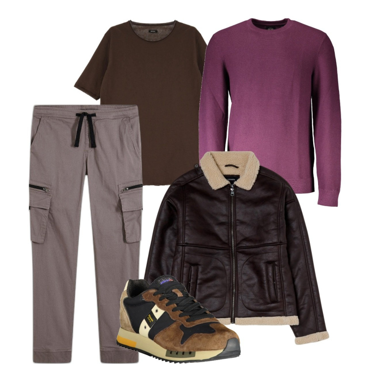 Outfit uomo - Il pullover color malva. Stile Casual per Tutti i giorni. Abbinamento con pantaloni cargo, giacche, t-shirt, maglieria, sneakers.