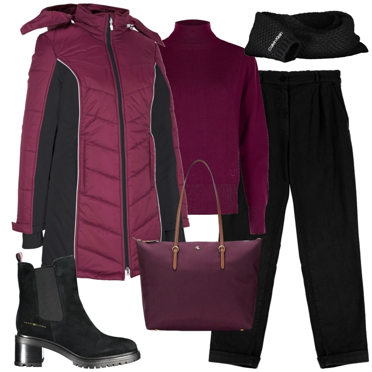 Outfit donna - City. Stile Basic per Tutti i giorni. Abbinamento con blazer, maglieria, pantaloni chino, borse tote, sciarpe, stivaletti.