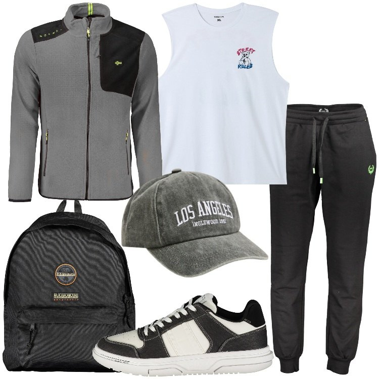 Outfit uomo - Sala pesi. Stile Casual per Sport. Abbinamento con cappelli, canottiere, borse sportive, pantaloni, sneakers, felpe.