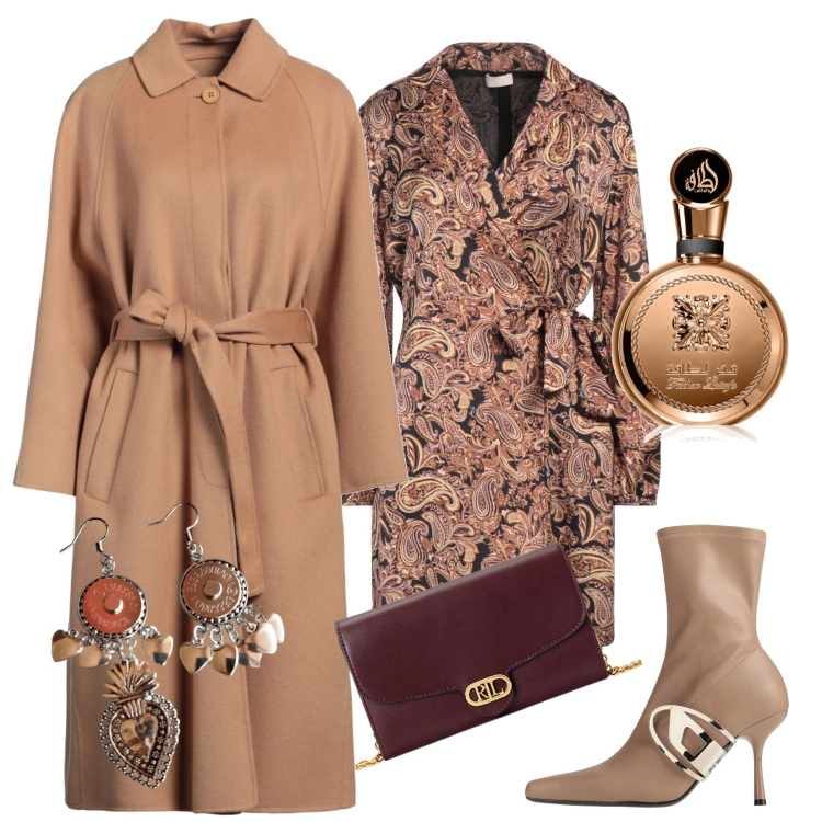 Outfit donna - Serata speciale!. Stile Chic per Serata fuori. Abbinamento con vestiti corti, stivaletti, cappotti, profumi, borse a tracolla, orecchini.