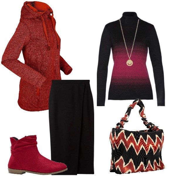 Outfit donna - Sprint in ufficio. Stile Urban per Ufficio. Abbinamento con stivaletti, maglieria, blazer, gonne longuette, collane, borse a spalla.