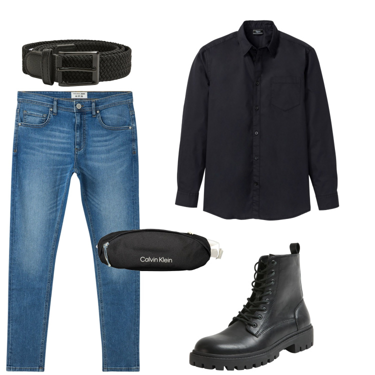 Outfit uomo - La camicia nera trendy. Stile Trendy per Tutti i giorni. Abbinamento con camicie, jeans slim fit, anfibi, cinture, borse sportive.
