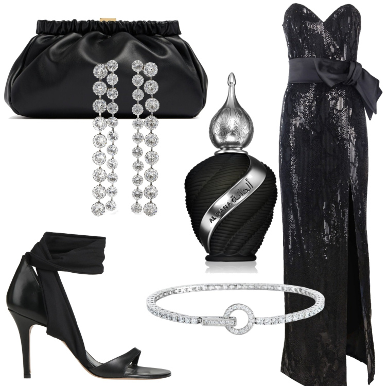 Outfit donna - Gran galà. Stile Chic per Cerimonia. Abbinamento con sandali in pelle, profumi, braccialetti, vestiti lunghi, orecchini, pochette.