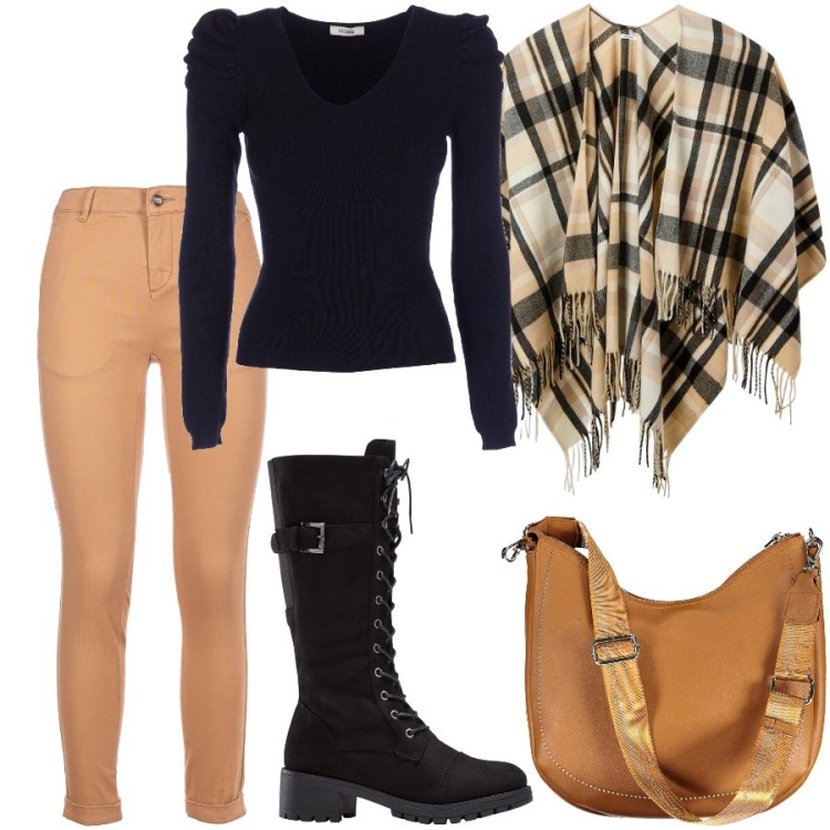 Outfit donna - Total look #1975717. Stile Casual per Scuola/Università. Abbinamento con stivali, cappe, maglieria, pantaloni, borse a spalla.