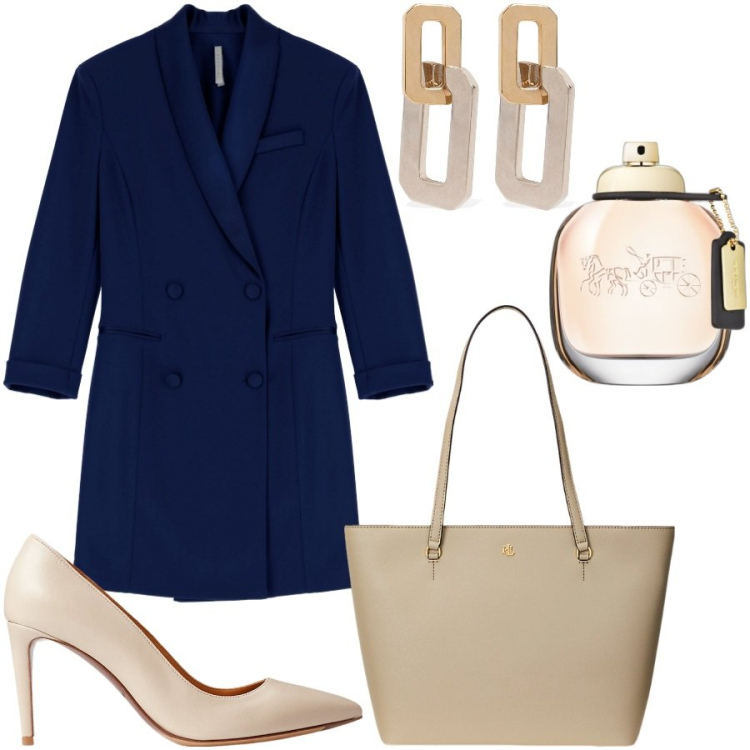 Outfit donna - Total look #1975730. Stile Chic per Ufficio. Abbinamento con profumi, vestiti corti, borse tote, décolleté, orecchini.