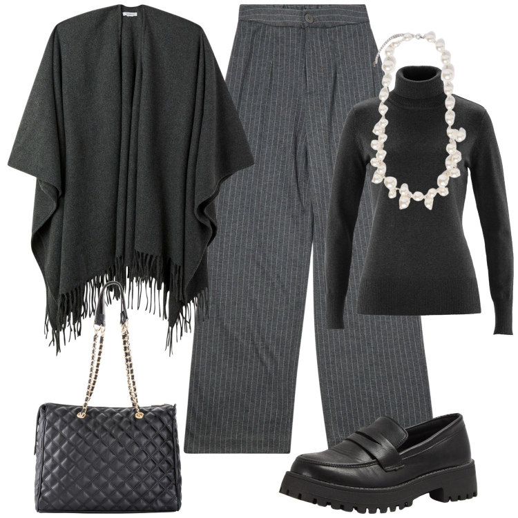 Outfit donna - Al lavoro. Stile Casual chic per Ufficio. Abbinamento con shopping bag, maglieria, pantaloni, mocassini, cappe, collane.