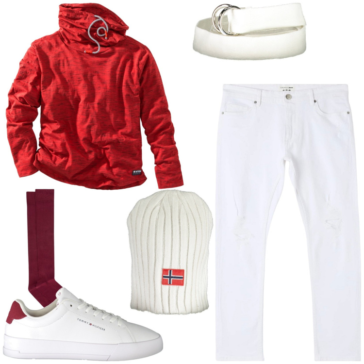Outfit uomo - Felpa rossa e jeans bianchi. Stile Casual per Tutti i giorni. Abbinamento con maglieria, jeans strappati, cinture, calzini, sneakers, berretti.