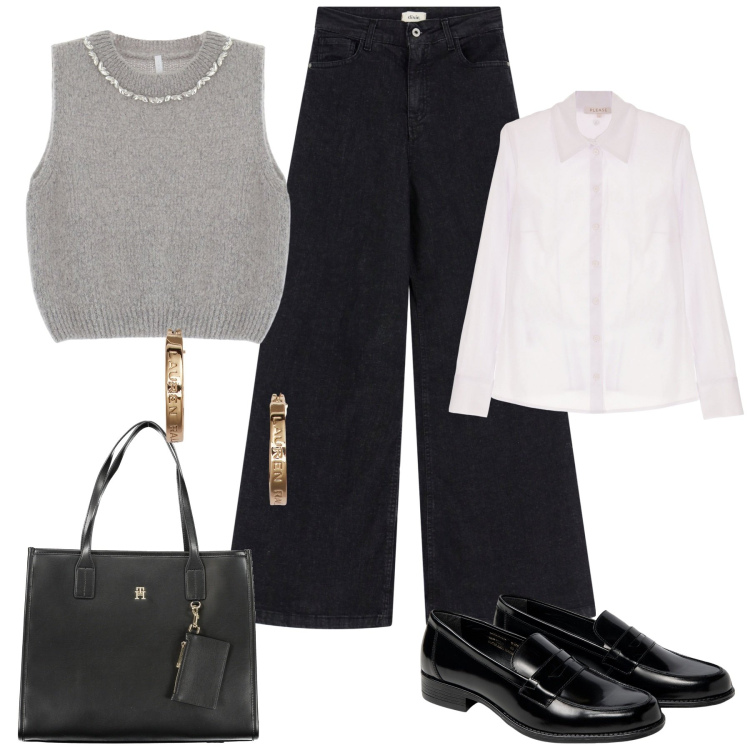 Outfit donna - Il maglioncino per l\'autunno. Stile Casual chic per Tutti i giorni. Abbinamento con camicie, maglieria, jeans, orecchini, mocassini, borse a spalla.