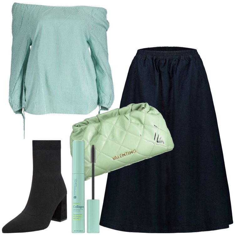 Outfit donna - Nero e verde acqua. Stile Basic per Ufficio. Abbinamento con mascara, stivaletti, gonne, maglieria, borse a spalla.
