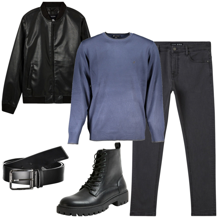 Outfit uomo - Total look #1975765. Stile Casual per Tutti i giorni. Abbinamento con bomber, pantaloni skinny, anfibi, cinture, maglieria.