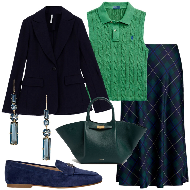 Outfit donna - Verde e blue. Stile Preppy per Ufficio. Abbinamento con blazer, mocassini, gonne, polo, orecchini, shopping bag.