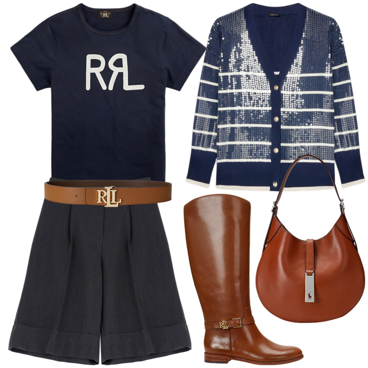 Outfit donna - Bermuda invernali. Stile Preppy per Ufficio. Abbinamento con bermuda, cinture, borse a spalla, t-shirt, stivali, cardigans.